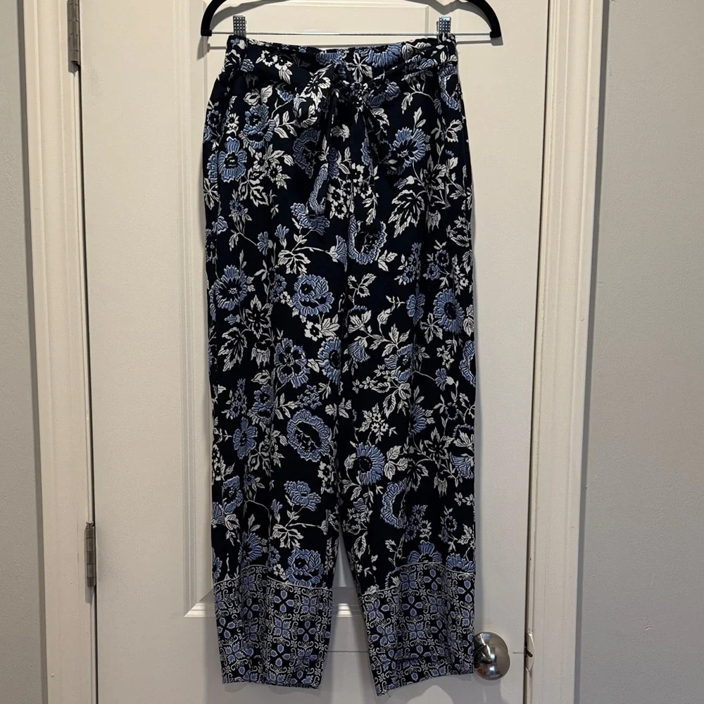 LOFT Floral Wide Leg Pants - Blue and White - Picture 1 of 1